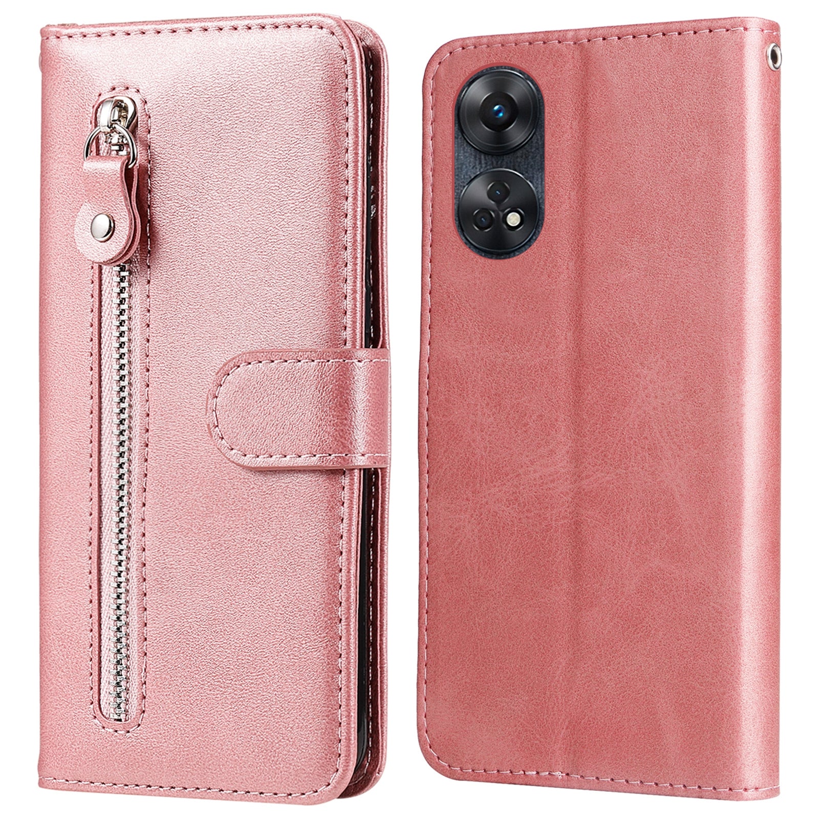 For Oppo Reno8 T 4G Zipper Pocket Wallet Phone Case Calf Texture Leather Drop-proof Stand Cover