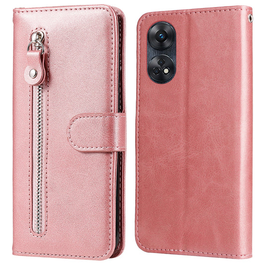 For Oppo Reno8 T 4G Zipper Pocket Wallet Phone Case Calf Texture Leather Drop-proof Stand Cover