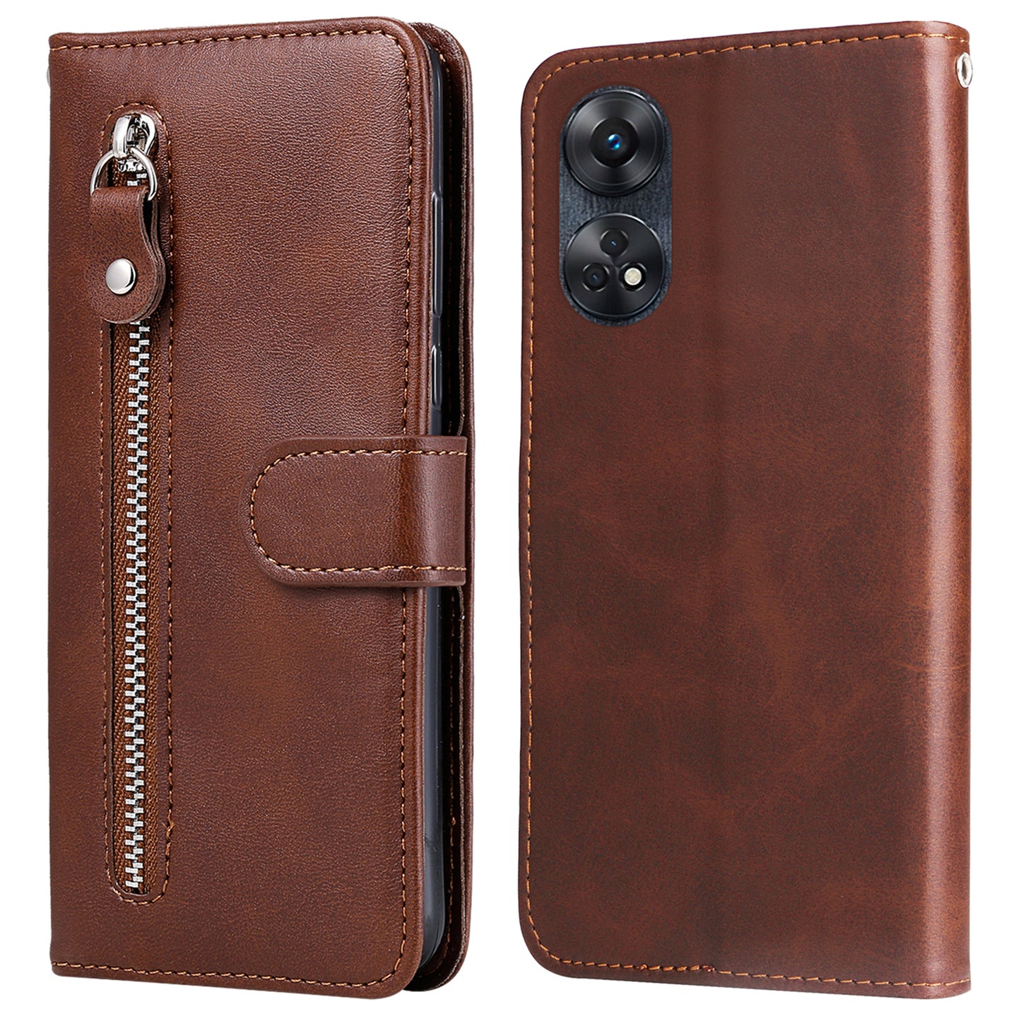 For Oppo Reno8 T 4G Zipper Pocket Wallet Phone Case Calf Texture Leather Drop-proof Stand Cover