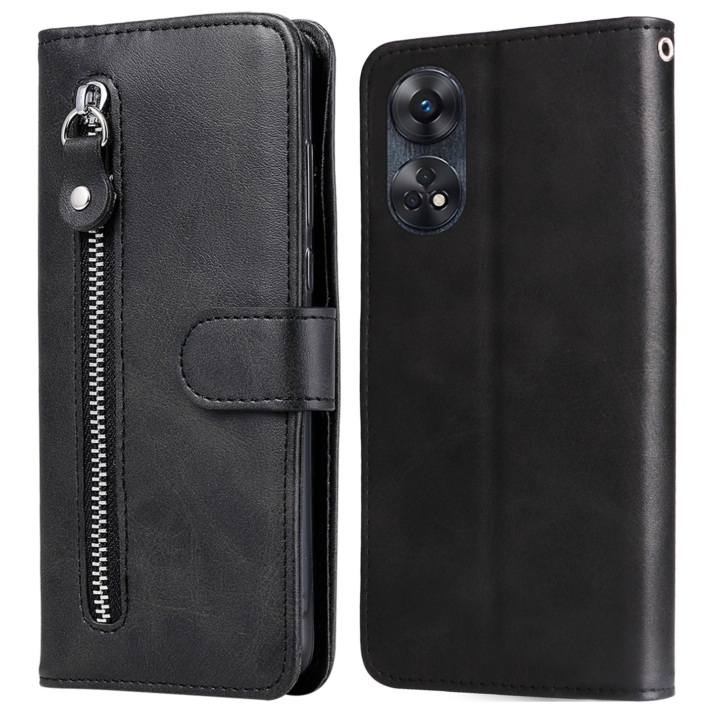 For Oppo Reno8 T 4G Zipper Pocket Wallet Phone Case Calf Texture Leather Drop-proof Stand Cover