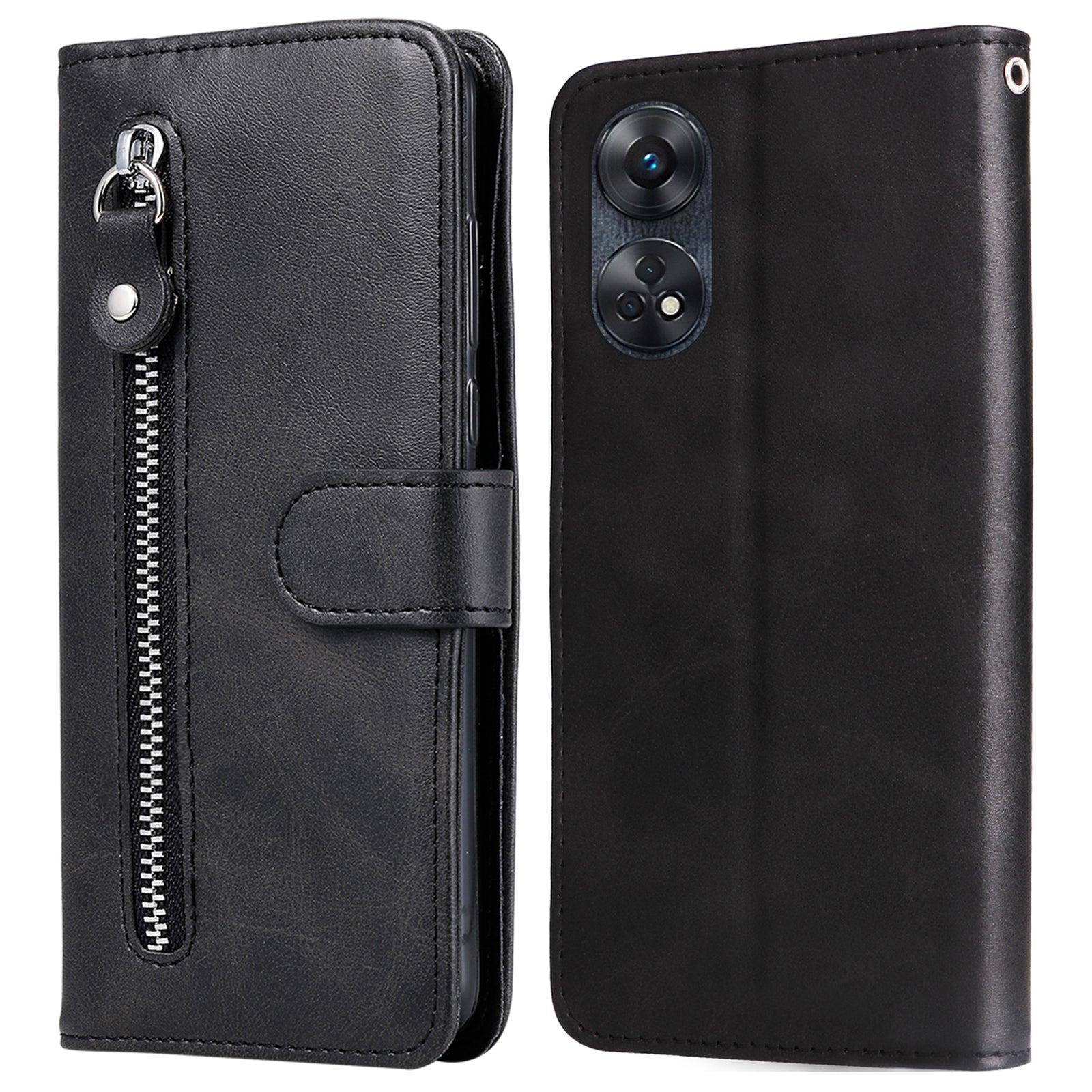 For Oppo Reno8 T 4G Zipper Pocket Wallet Phone Case Calf Texture Leather Drop-proof Stand Cover