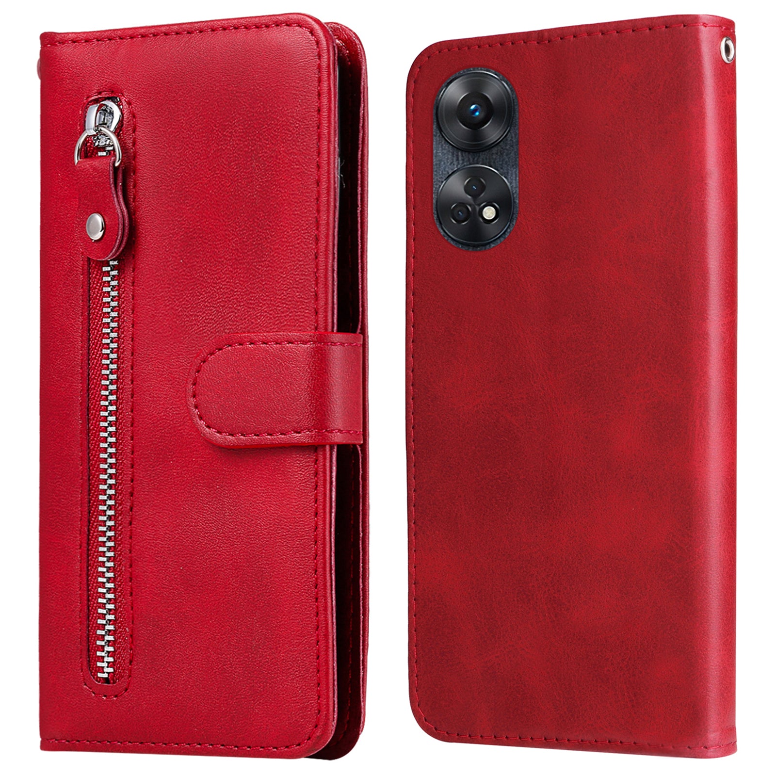 For Oppo Reno8 T 4G Zipper Pocket Wallet Phone Case Calf Texture Leather Drop-proof Stand Cover