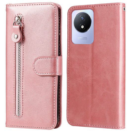 For vivo Y02 4G Calf Texture Zipper Pocket Phone Case Drop-proof Leather Wallet Stand Cover