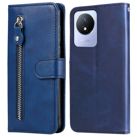 For vivo Y02 4G Calf Texture Zipper Pocket Phone Case Drop-proof Leather Wallet Stand Cover