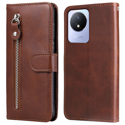 For vivo Y02 4G Calf Texture Zipper Pocket Phone Case Drop-proof Leather Wallet Stand Cover