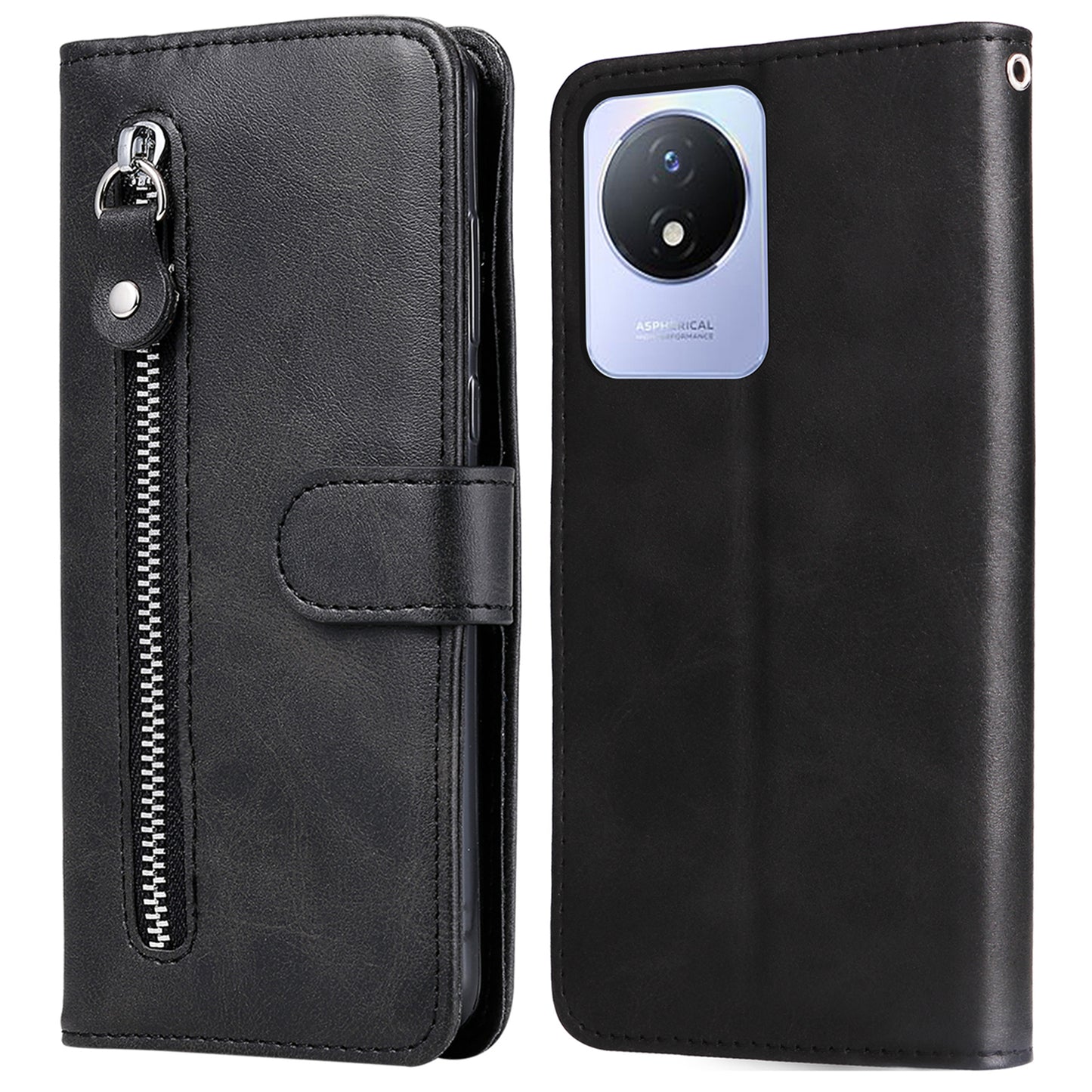 For vivo Y02 4G Calf Texture Zipper Pocket Phone Case Drop-proof Leather Wallet Stand Cover