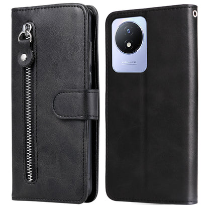 For vivo Y02 4G Calf Texture Zipper Pocket Phone Case Drop-proof Leather Wallet Stand Cover