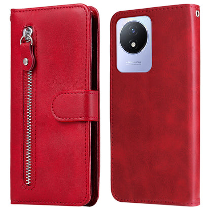 For vivo Y02 4G Calf Texture Zipper Pocket Phone Case Drop-proof Leather Wallet Stand Cover