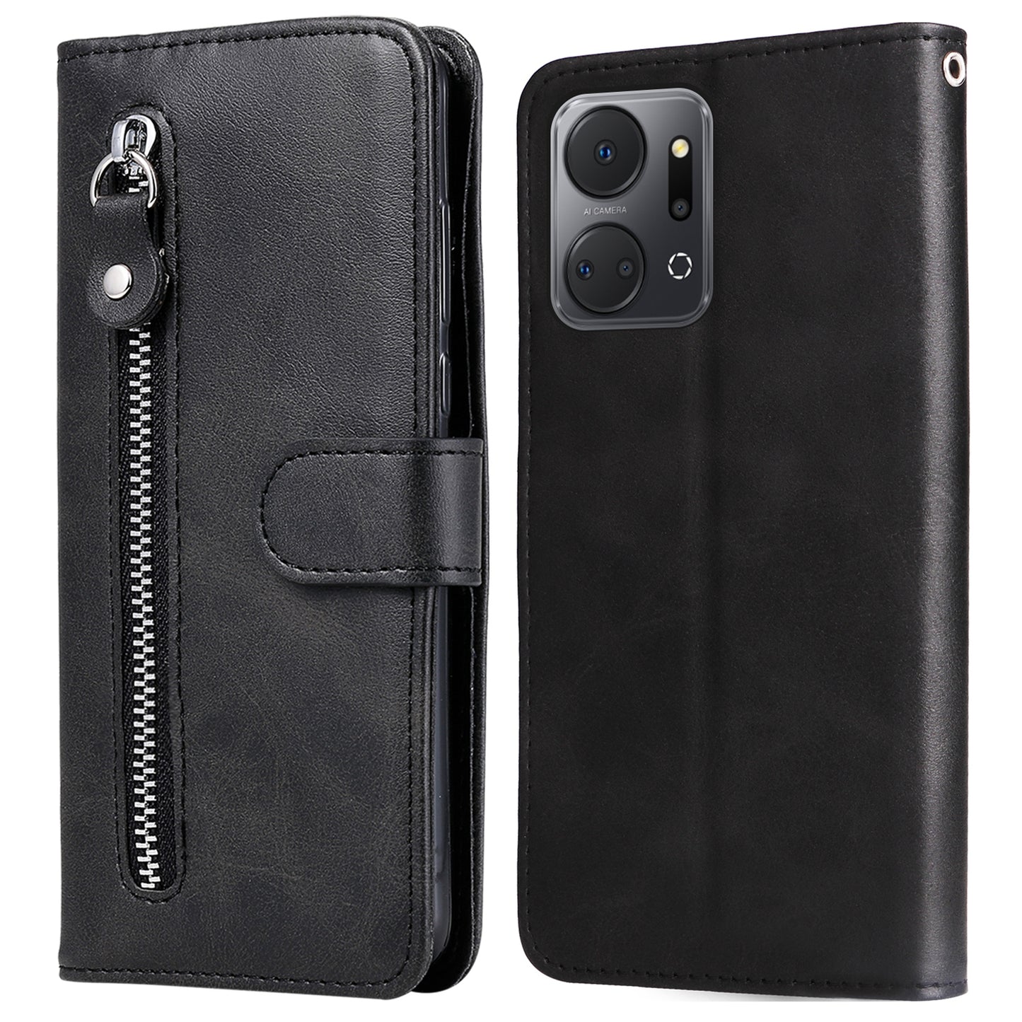 For Honor X7a 5G Zipper Pocket Leather Phone Cover Calf Texture Stand Wallet Phone Case