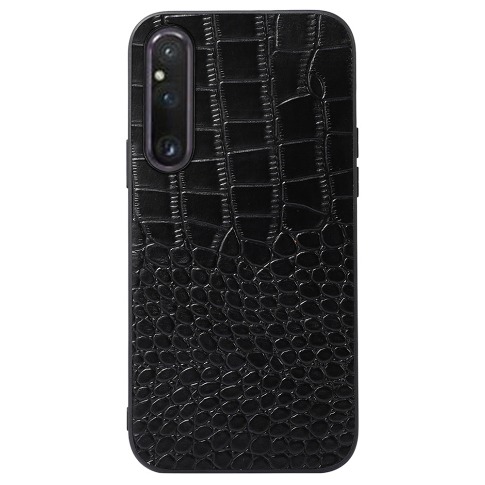 For Sony Xperia 1 V Genuine Cowhide Leather Coated PC+TPU Crocodile Texture Phone Case