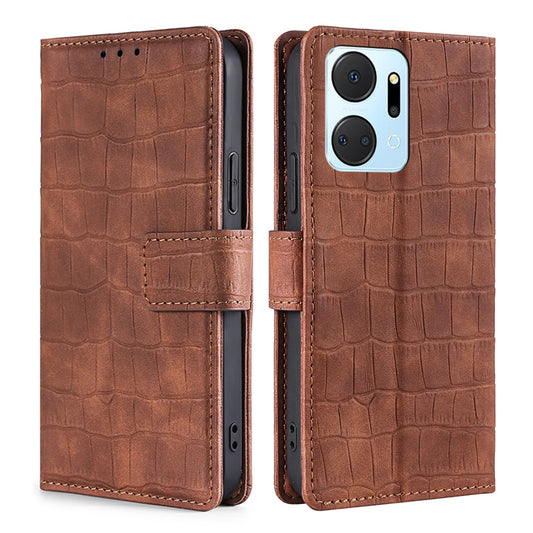 For Honor X7a 5G Skin-touch Feeling Phone Case Crocodile Texture PU Leather Wallet Stand Anti-fall Cover