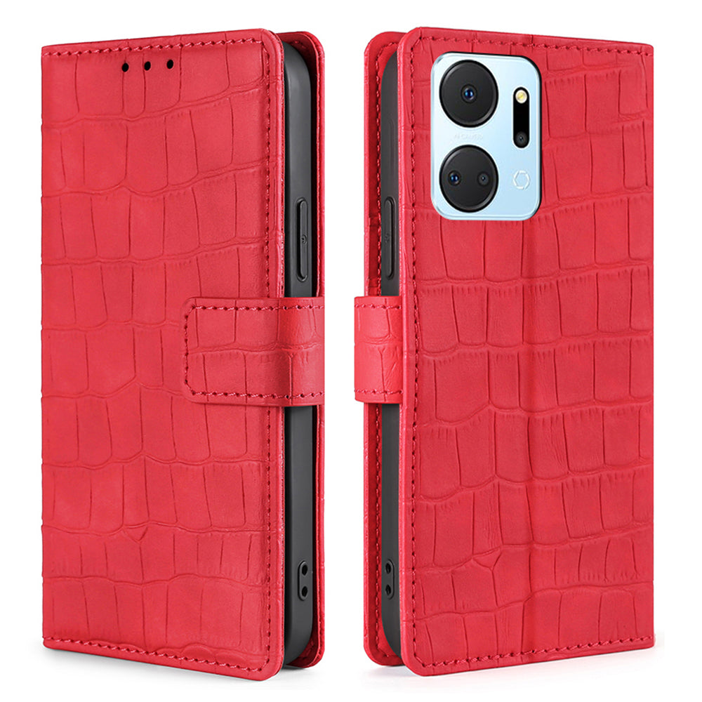 For Honor X7a 5G Skin-touch Feeling Phone Case Crocodile Texture PU Leather Wallet Stand Anti-fall Cover