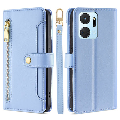 For Honor X7a 5G Zipper Pocket Phone Stand Case Card Slots Leather Wallet Cover with 2 Straps