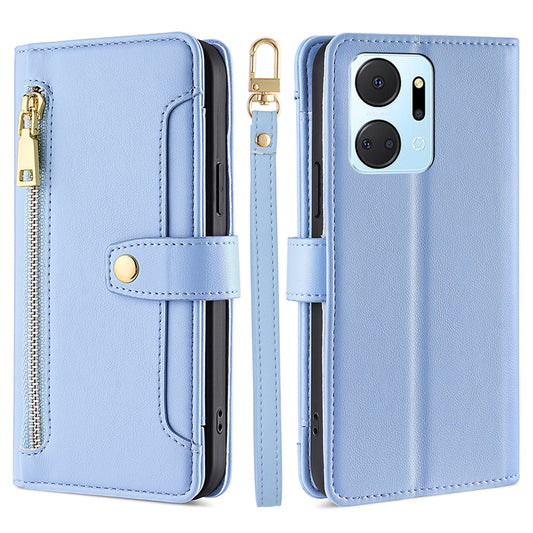 For Honor X7a 5G Zipper Pocket Phone Stand Case Card Slots Leather Wallet Cover with 2 Straps