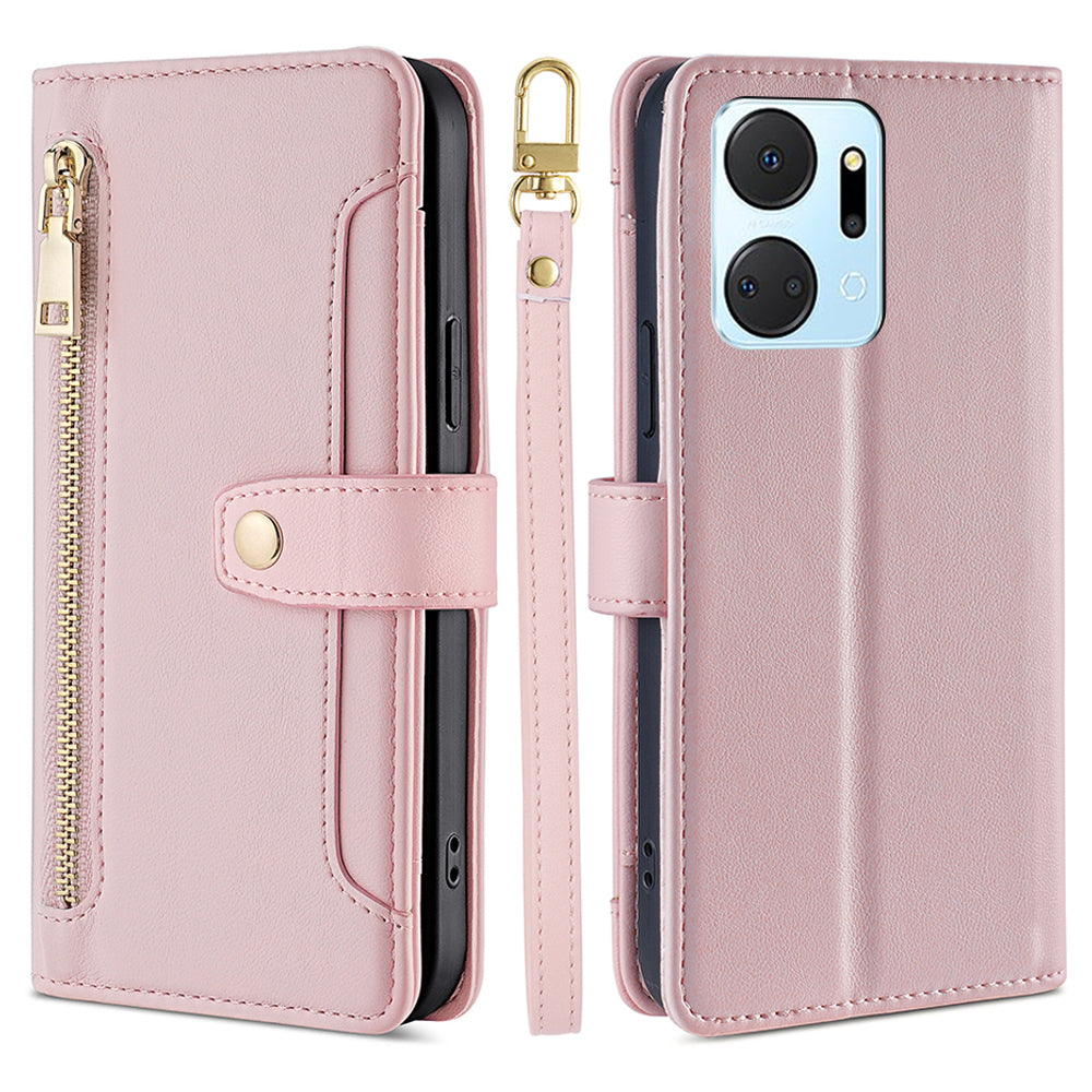 For Honor X7a 5G Zipper Pocket Phone Stand Case Card Slots Leather Wallet Cover with 2 Straps