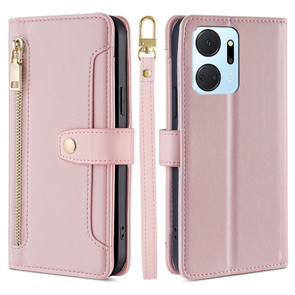 For Honor X7a 5G Zipper Pocket Phone Stand Case Card Slots Leather Wallet Cover with 2 Straps