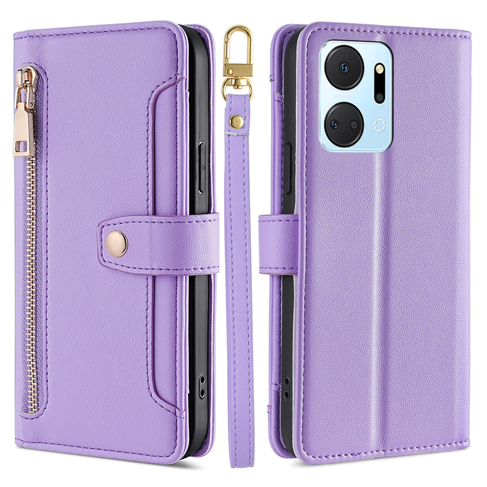 For Honor X7a 5G Zipper Pocket Phone Stand Case Card Slots Leather Wallet Cover with 2 Straps