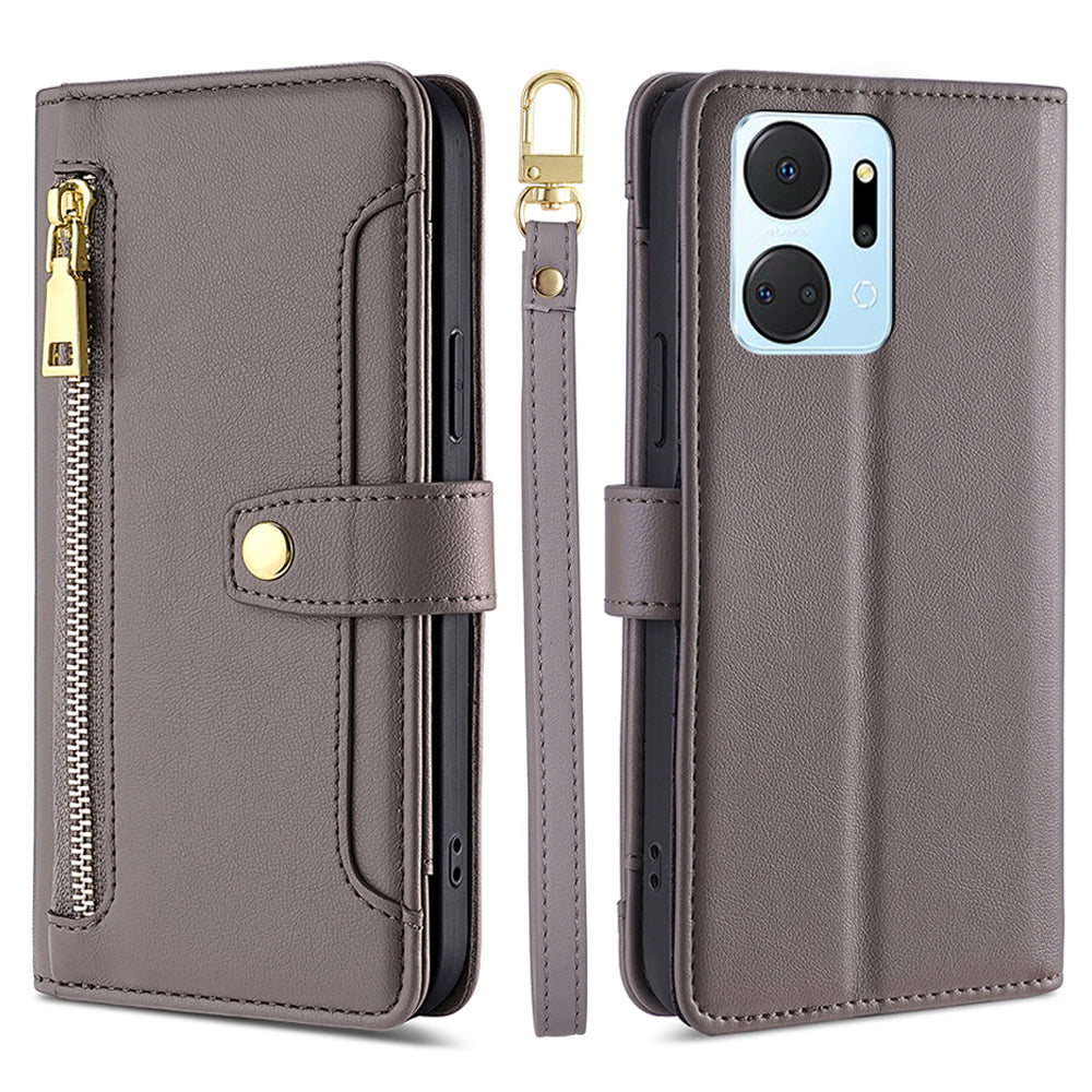 For Honor X7a 5G Zipper Pocket Phone Stand Case Card Slots Leather Wallet Cover with 2 Straps