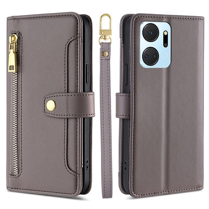 For Honor X7a 5G Zipper Pocket Phone Stand Case Card Slots Leather Wallet Cover with 2 Straps