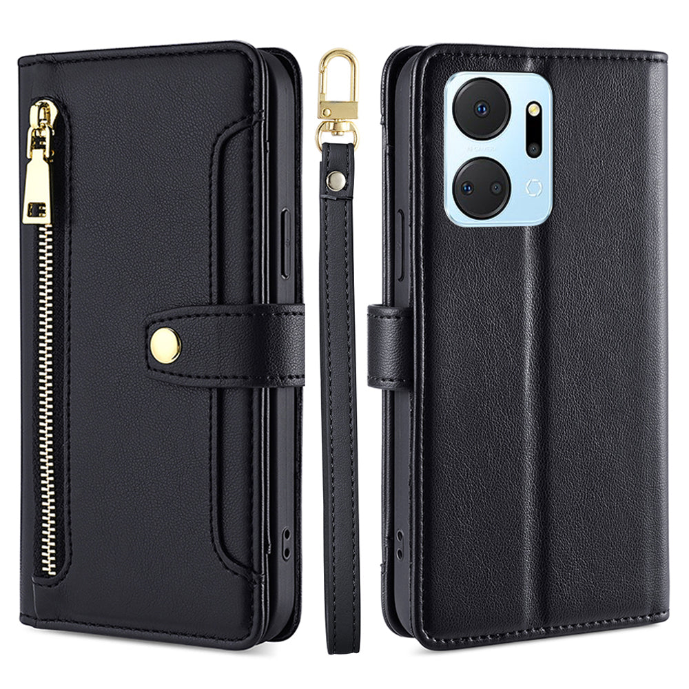 For Honor X7a 5G Zipper Pocket Phone Stand Case Card Slots Leather Wallet Cover with 2 Straps