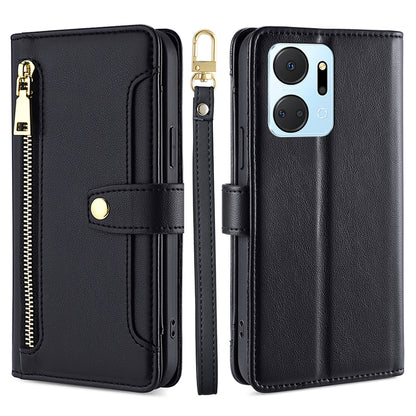 For Honor X7a 5G Zipper Pocket Phone Stand Case Card Slots Leather Wallet Cover with 2 Straps