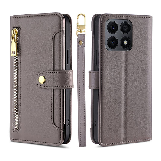 For Honor X8a 4G Phone Stand Case Drop-proof Zipper Pocket Leather Wallet Cover with 2 Straps
