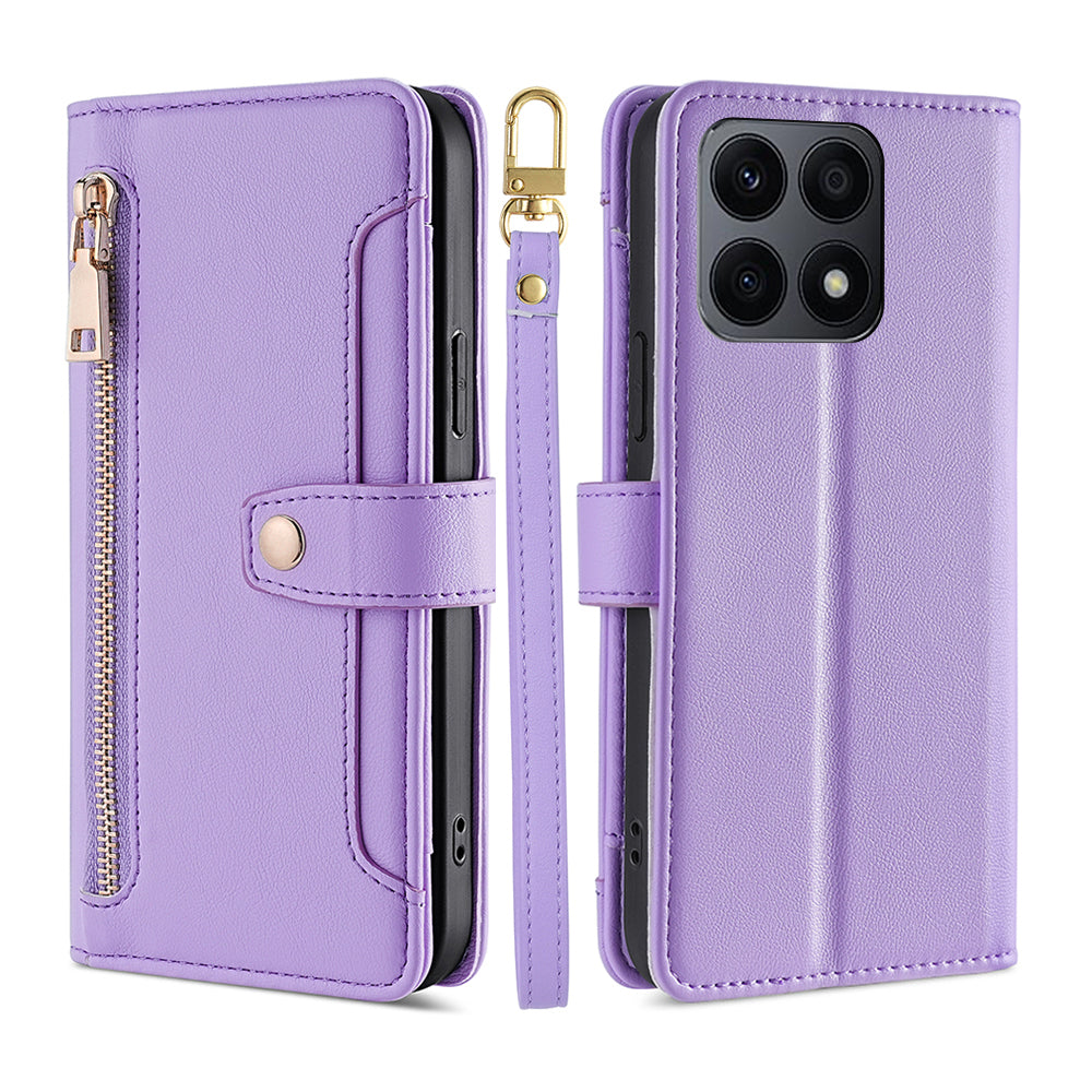 For Honor X8a 4G Phone Stand Case Drop-proof Zipper Pocket Leather Wallet Cover with 2 Straps