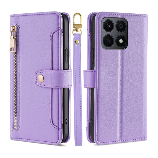For Honor X8a 4G Phone Stand Case Drop-proof Zipper Pocket Leather Wallet Cover with 2 Straps