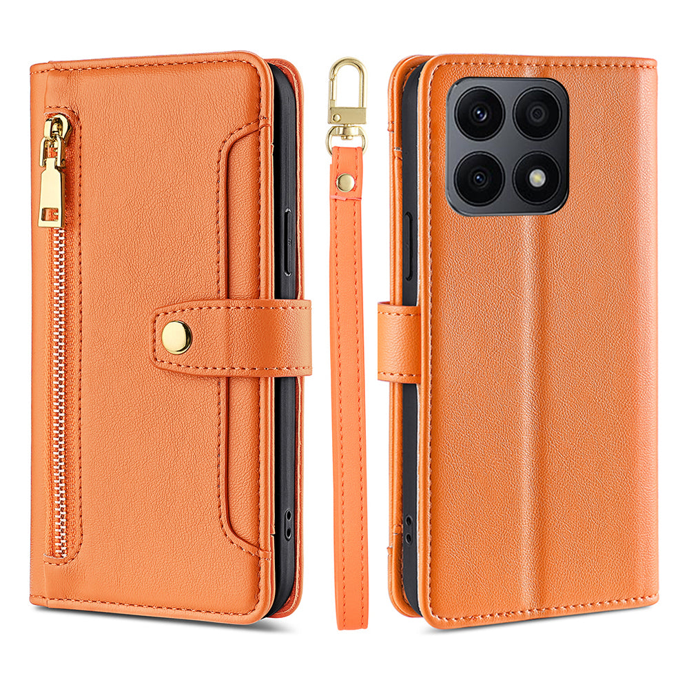 For Honor X8a 4G Phone Stand Case Drop-proof Zipper Pocket Leather Wallet Cover with 2 Straps