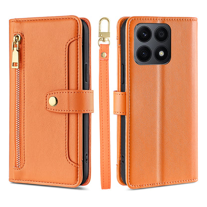 For Honor X8a 4G Phone Stand Case Drop-proof Zipper Pocket Leather Wallet Cover with 2 Straps