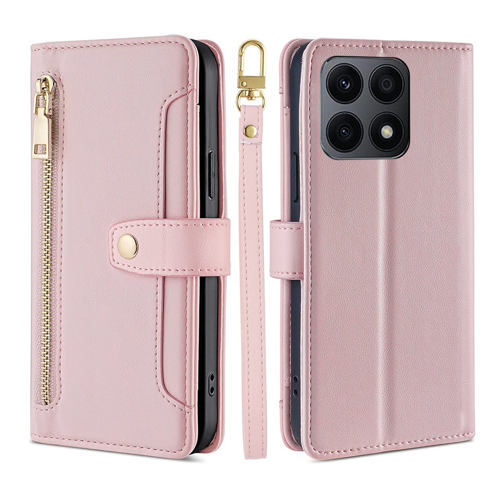 For Honor X8a 4G Phone Stand Case Drop-proof Zipper Pocket Leather Wallet Cover with 2 Straps