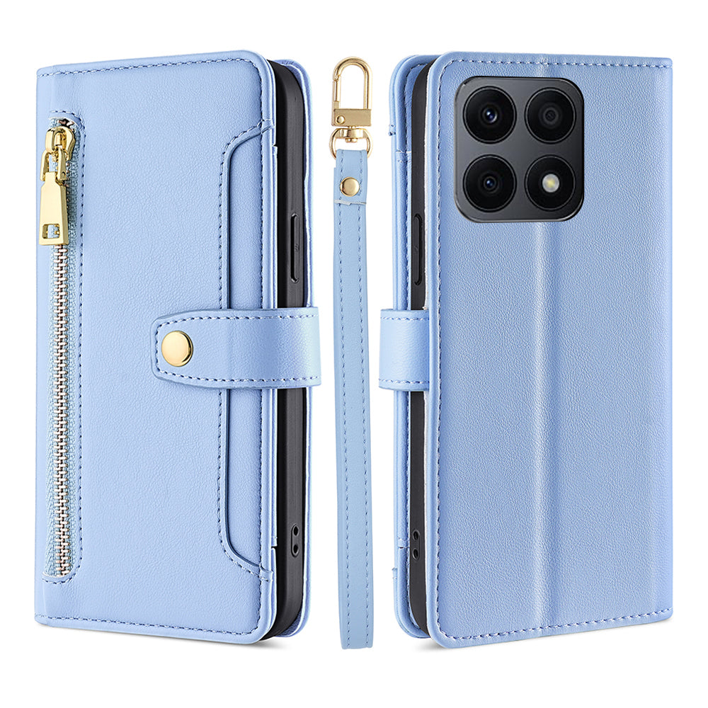 For Honor X8a 4G Phone Stand Case Drop-proof Zipper Pocket Leather Wallet Cover with 2 Straps
