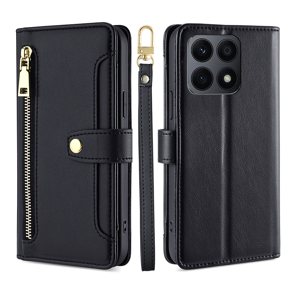 For Honor X8a 4G Phone Stand Case Drop-proof Zipper Pocket Leather Wallet Cover with 2 Straps
