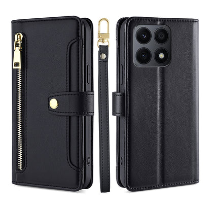 For Honor X8a 4G Phone Stand Case Drop-proof Zipper Pocket Leather Wallet Cover with 2 Straps