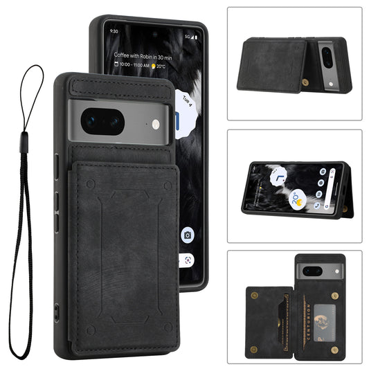 For Google Pixel 7 5G Dual Card Holder PU Leather Coated TPU Phone Case Kickstand Magnetic Cover