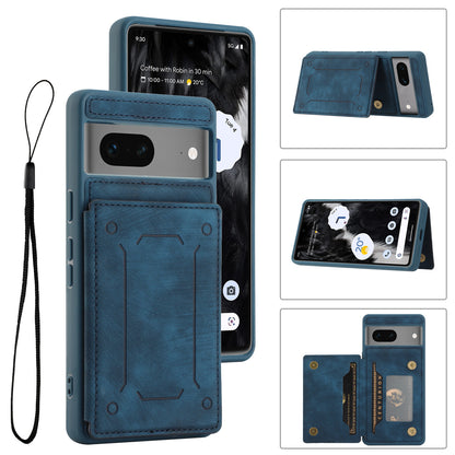For Google Pixel 7 5G Dual Card Holder PU Leather Coated TPU Phone Case Kickstand Magnetic Cover