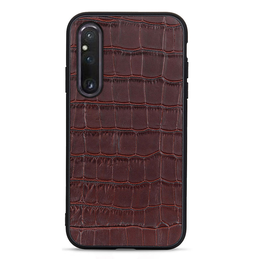 For Sony Xperia 1 V Genuine Leather + Soft TPU Edge Phone Case Crocodile Texture Anti-Fall Mobile Phone Cover