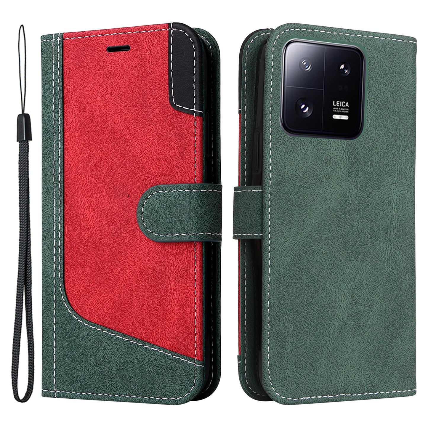 KT Leather Series-5 for Xiaomi 13 Pro 5G Phone Case PU Leather Stand Tri-color Splicing Phone Wallet Cover with Strap