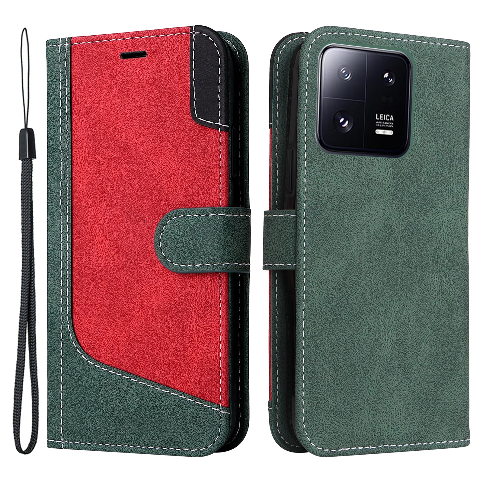 KT Leather Series-5 for Xiaomi 13 Pro 5G Phone Case PU Leather Stand Tri-color Splicing Phone Wallet Cover with Strap