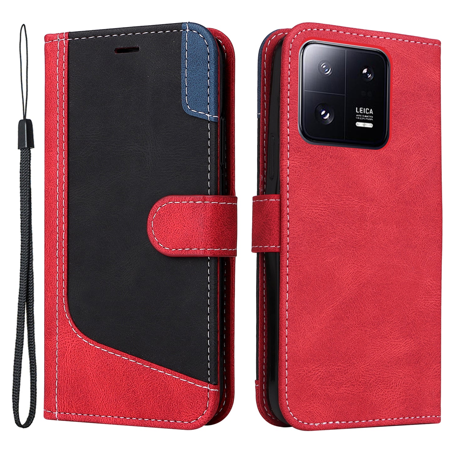 KT Leather Series-5 for Xiaomi 13 Pro 5G Phone Case PU Leather Stand Tri-color Splicing Phone Wallet Cover with Strap