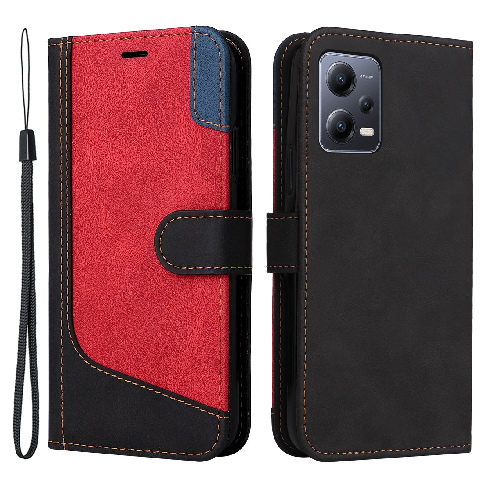 KT Leather Series-5 for Xiaomi Redmi Note 12 5G (Global) / (India) / (China) / Poco X5 5G Phone Leather Case Stand Wallet Tri-color Splicing Cover with Strap