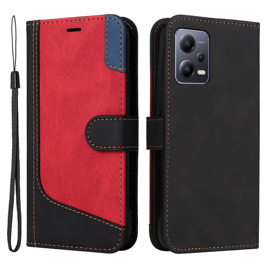 KT Leather Series-5 for Xiaomi Redmi Note 12 5G (Global) / (India) / (China) / Poco X5 5G Phone Leather Case Stand Wallet Tri-color Splicing Cover with Strap