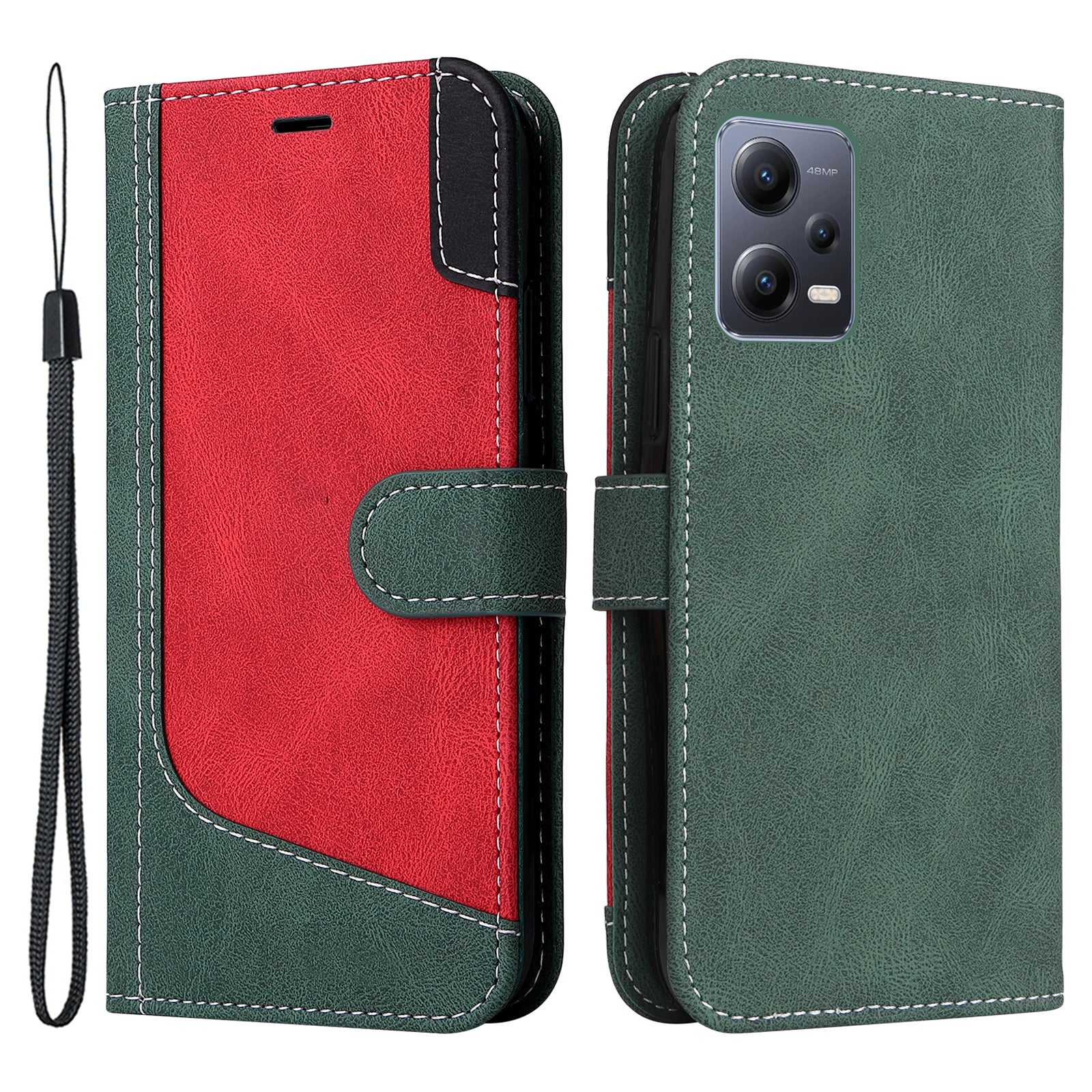 KT Leather Series-5 for Xiaomi Redmi Note 12 5G (Global) / (India) / (China) / Poco X5 5G Phone Leather Case Stand Wallet Tri-color Splicing Cover with Strap