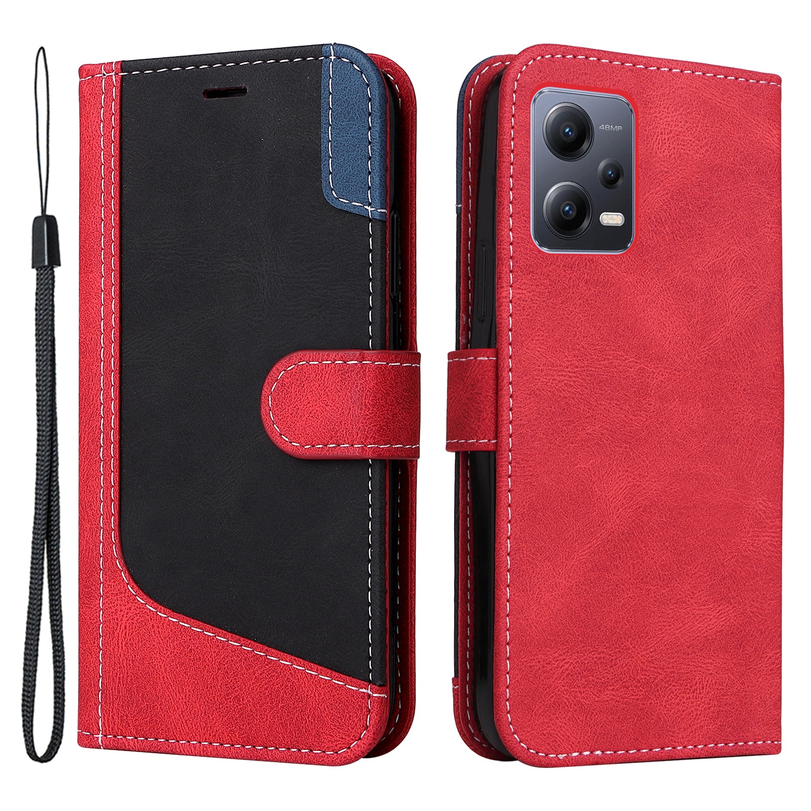 KT Leather Series-5 for Xiaomi Redmi Note 12 5G (Global) / (India) / (China) / Poco X5 5G Phone Leather Case Stand Wallet Tri-color Splicing Cover with Strap