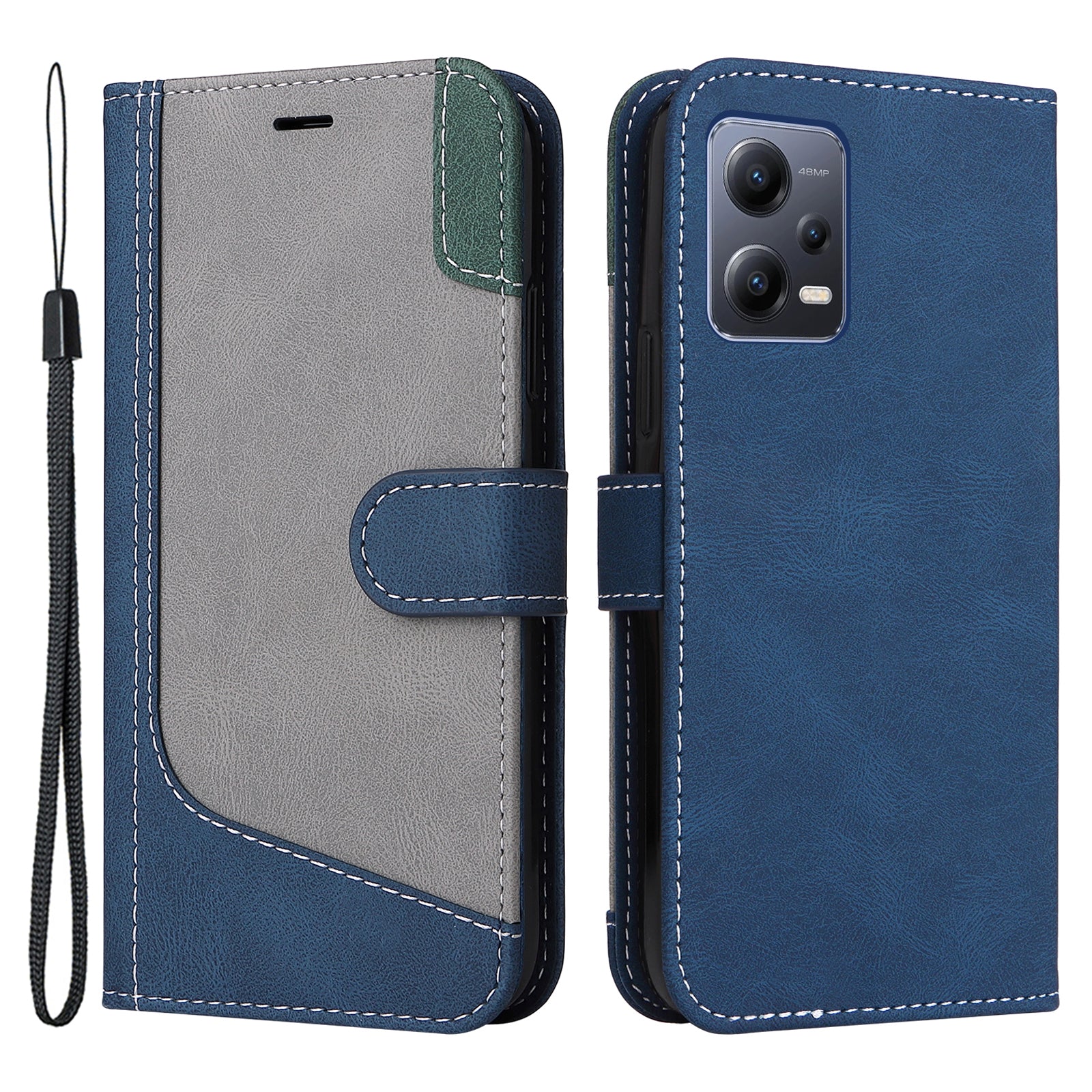 KT Leather Series-5 for Xiaomi Redmi Note 12 5G (Global) / (India) / (China) / Poco X5 5G Phone Leather Case Stand Wallet Tri-color Splicing Cover with Strap