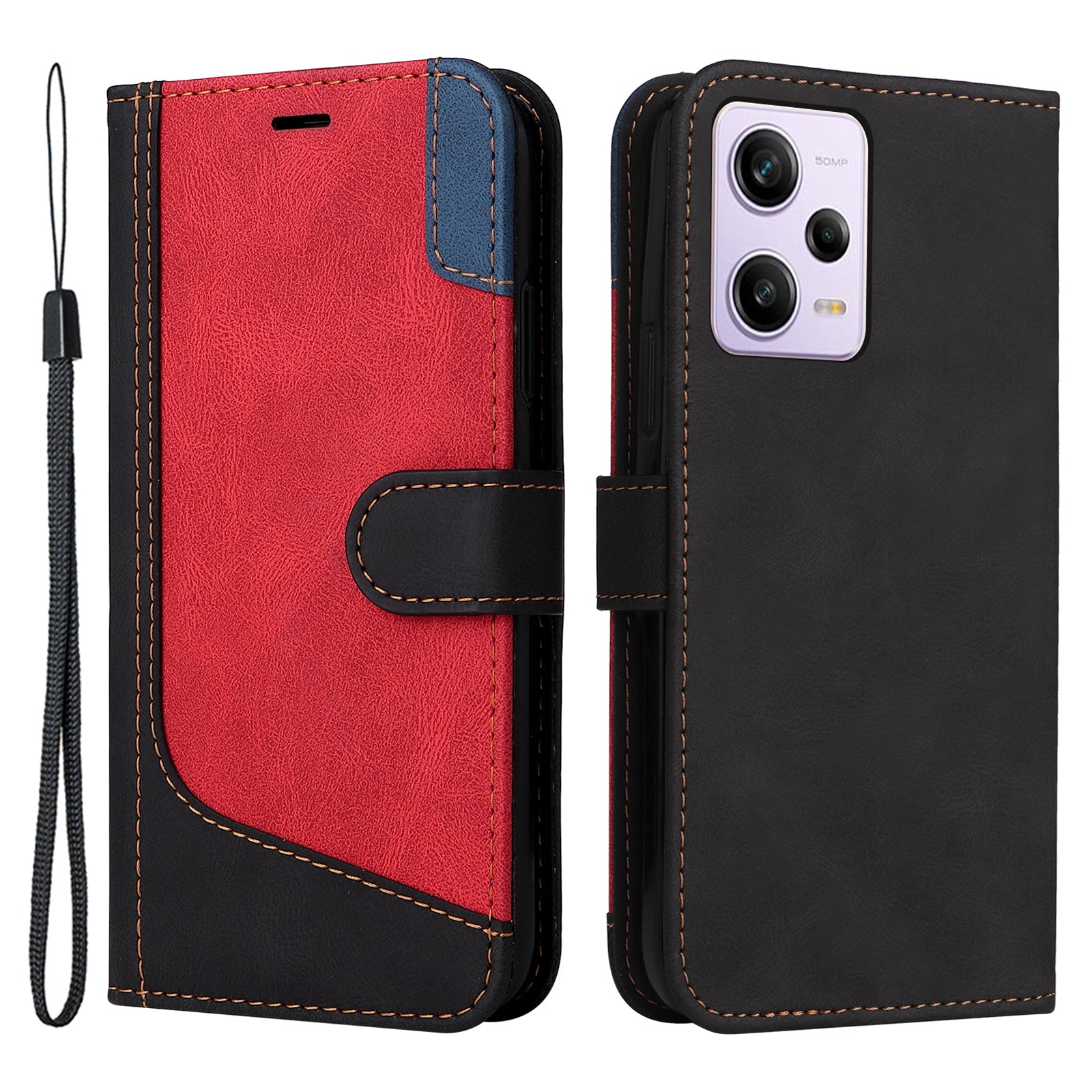 KT Leather Series-5 for Xiaomi Redmi Note 12 Pro 5G / Note 12 Pro Speed 5G / Poco X5 Pro 5G Leather Phone Wallet Case Tri-color Splicing Stand Cover with Strap