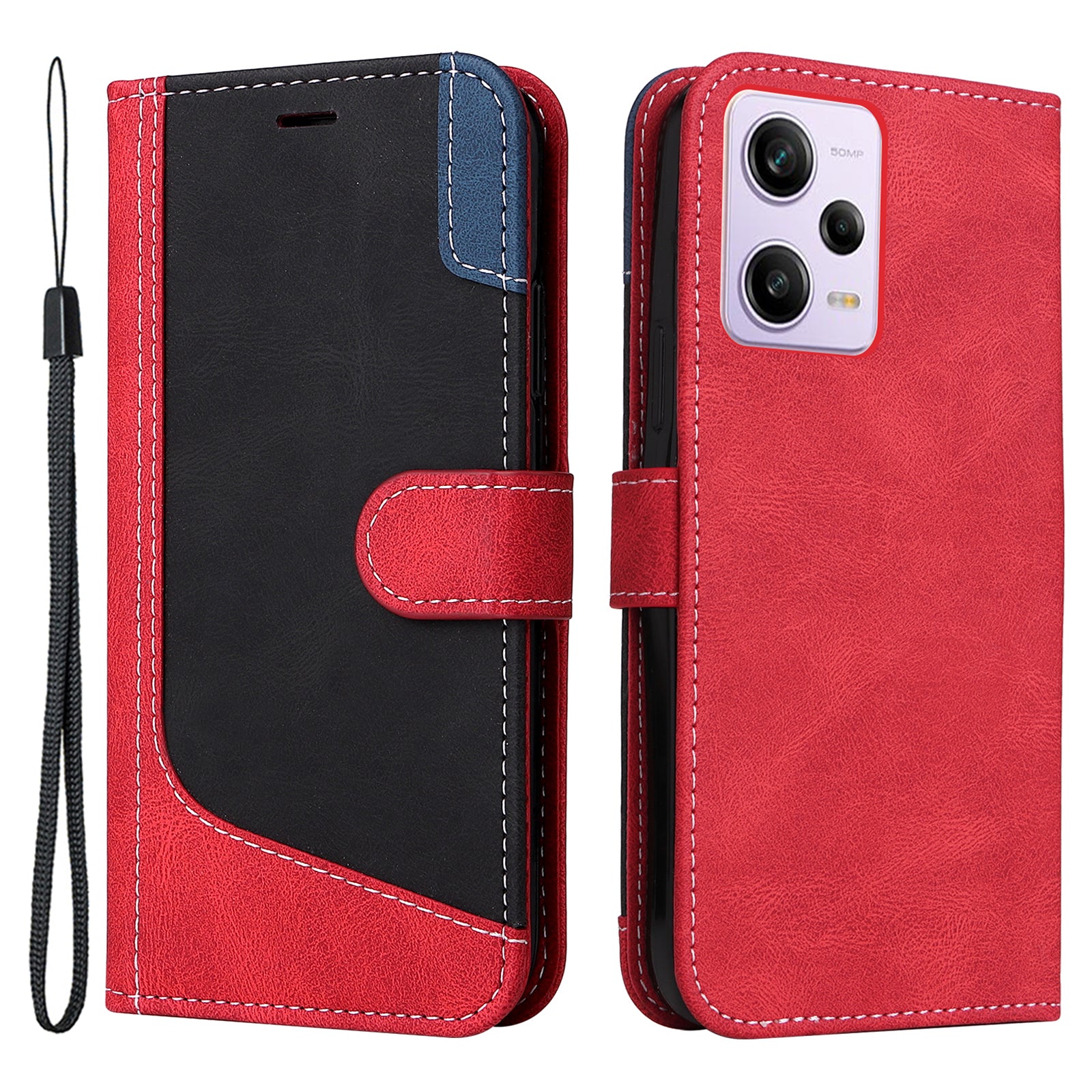 KT Leather Series-5 for Xiaomi Redmi Note 12 Pro 5G / Note 12 Pro Speed 5G / Poco X5 Pro 5G Leather Phone Wallet Case Tri-color Splicing Stand Cover with Strap