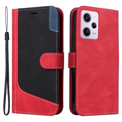 KT Leather Series-5 for Xiaomi Redmi Note 12 Pro 5G / Note 12 Pro Speed 5G / Poco X5 Pro 5G Leather Phone Wallet Case Tri-color Splicing Stand Cover with Strap