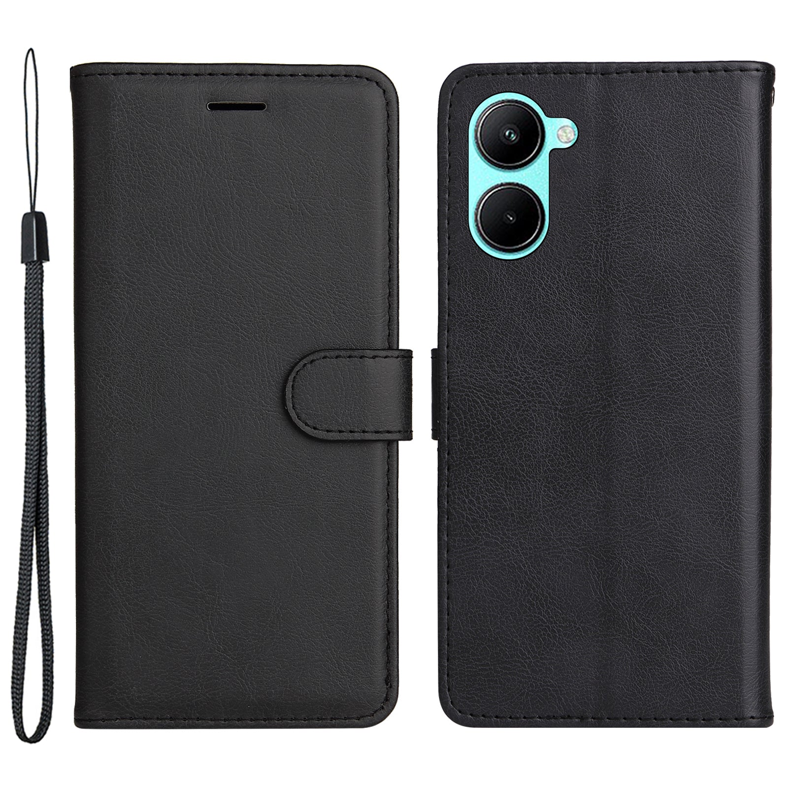 KT Leather Series-2 for Realme C33 2023 4G / C33 4G Solid Color Phone Case Wallet Stand Leather Phone Cover with Strap