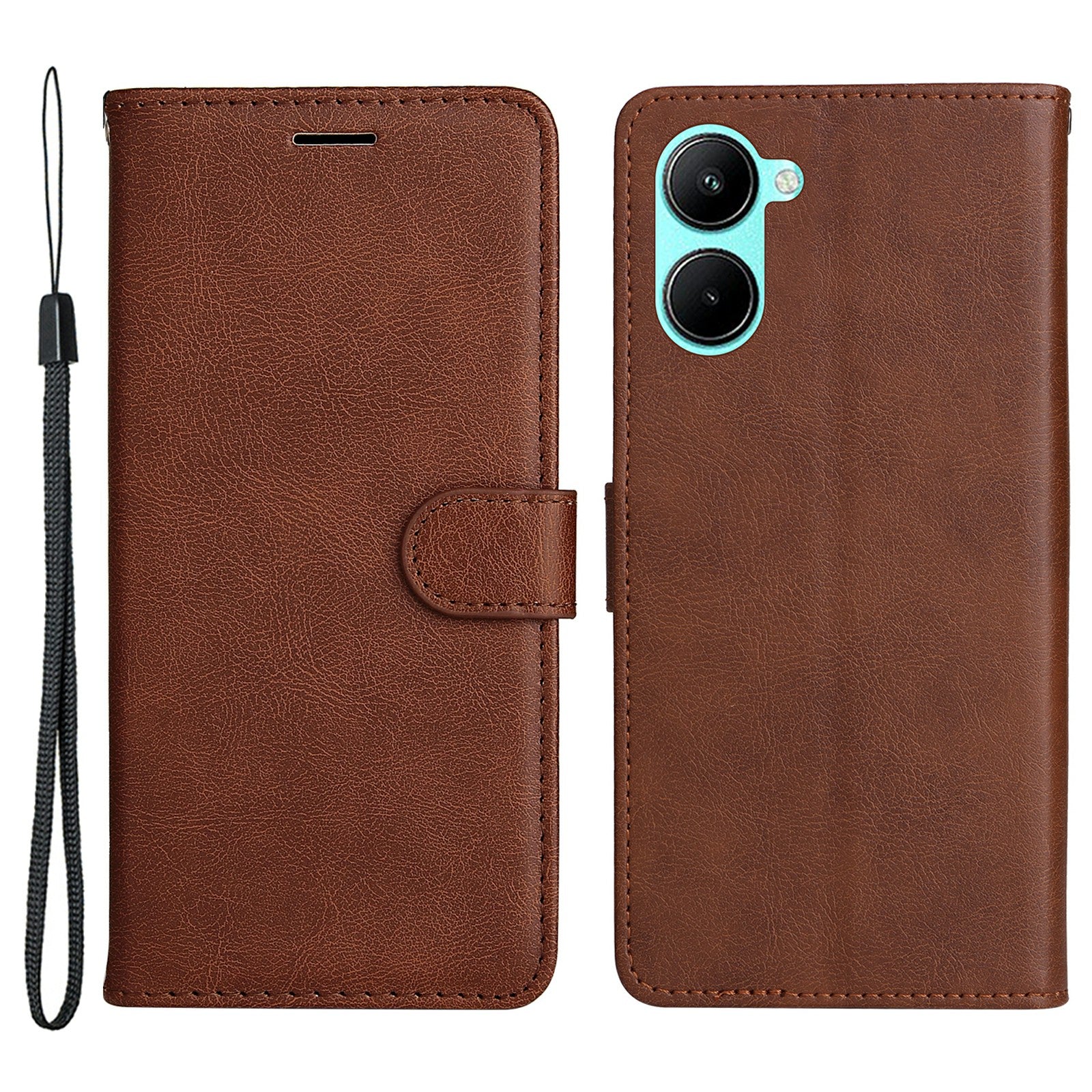 KT Leather Series-2 for Realme C33 2023 4G / C33 4G Solid Color Phone Case Wallet Stand Leather Phone Cover with Strap
